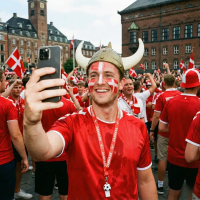 En smilende dansk roligan iført vikingehjelm med horn og rødt og hvidt ansigtsmaling tager en selfie. Han har en rød landsholdstrøje på og står midt i en stor gruppe fejrende fans på Rådhuspladsen i København.