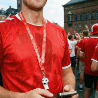 Nærbillede af en dansk fodboldfan i rød landsholdstrøje. Han bærer en rød 'DANMARK' nøglesnor med en lille fløjte formet som en fodbold og kigger ned på sin smartphone.
