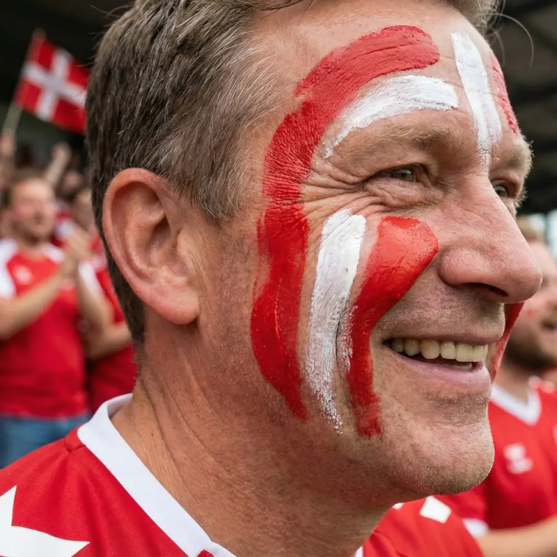 Nærbillede af en storsmilende mandlig roligan-fan, der har malet brede røde og hvide striber som Dannebrog på sin kind og pande.