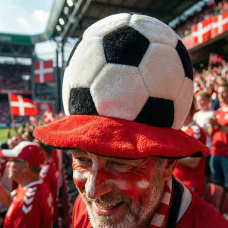 En nærbillede af en smilende, ældre mand med rød og hvid ansigtsmaling, iført en stor, plyssede fodboldhat med en rød skygge. Han bærer også en rød fodboldtrøje med hvide detaljer og et stribet tørklæde. Han står i en tætpakket menneskemængde af andre fans i rødt og hvidt på et fodboldstadion med danske flag i baggrunden under en blå himmel.