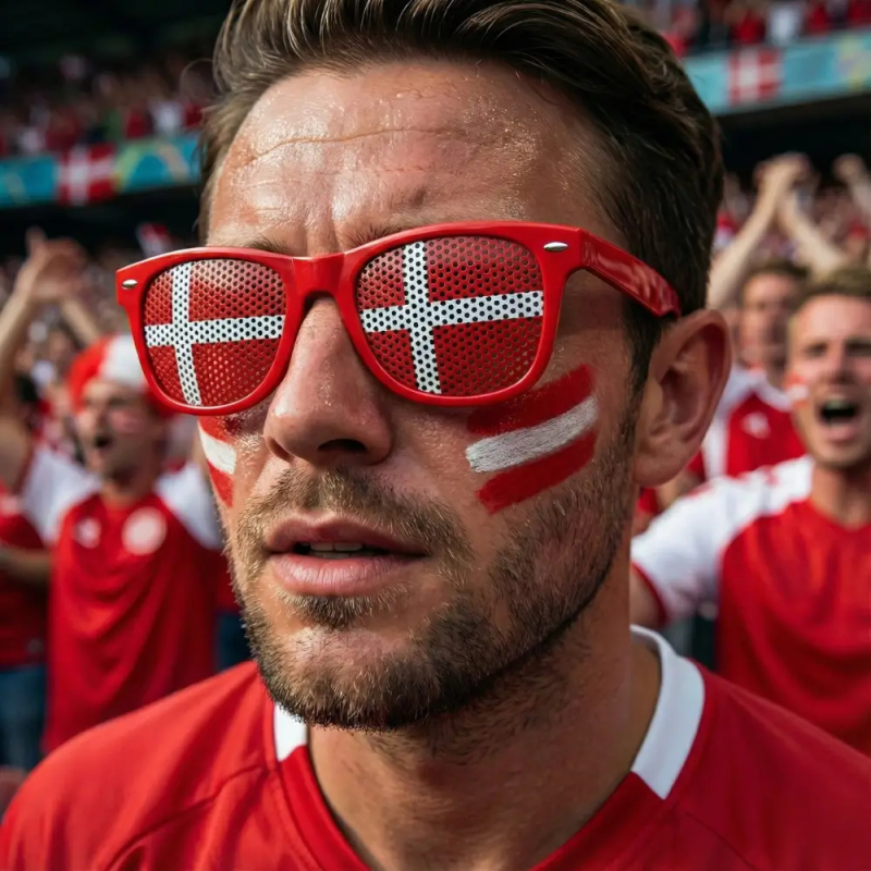 Et nærbillede af en mands svedige ansigt, der bærer røde solbriller med perforerede linser, som viser det danske flag. Refleksionen i linserne viser et fyldt fodboldstadion i solskin. Hans skægstubbe og sveddråber er tydelige. Baggrunden er et sløret stadionpublikum.