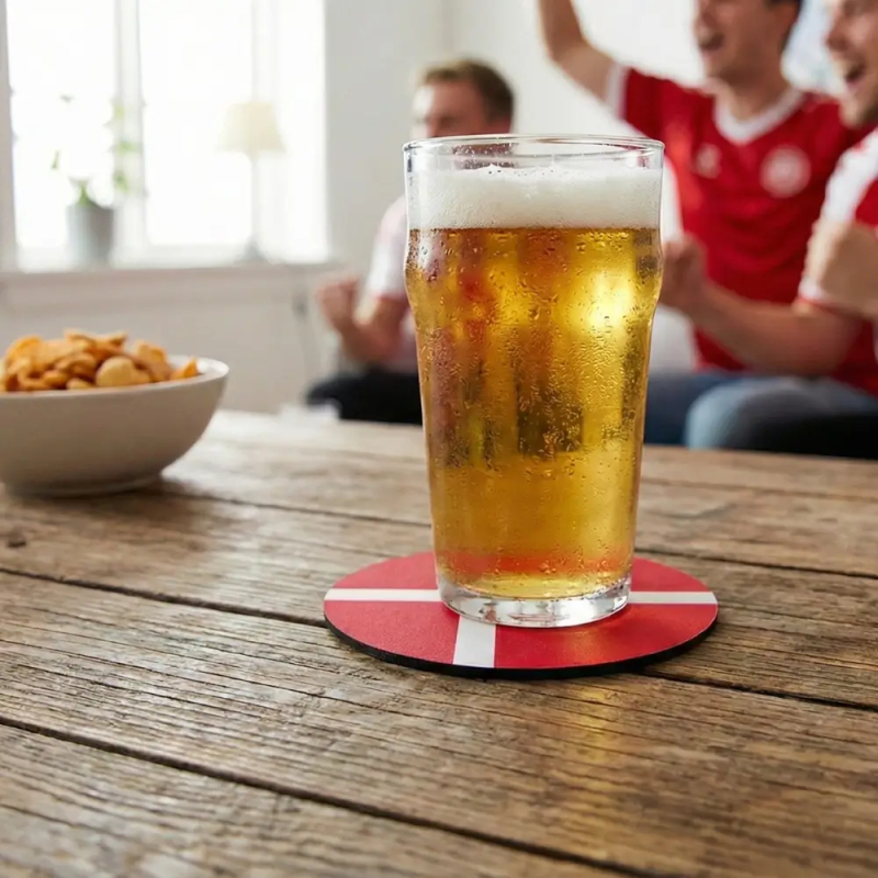 Dannebrog drikkebrik står på et bord med danske roligans i baggrunden