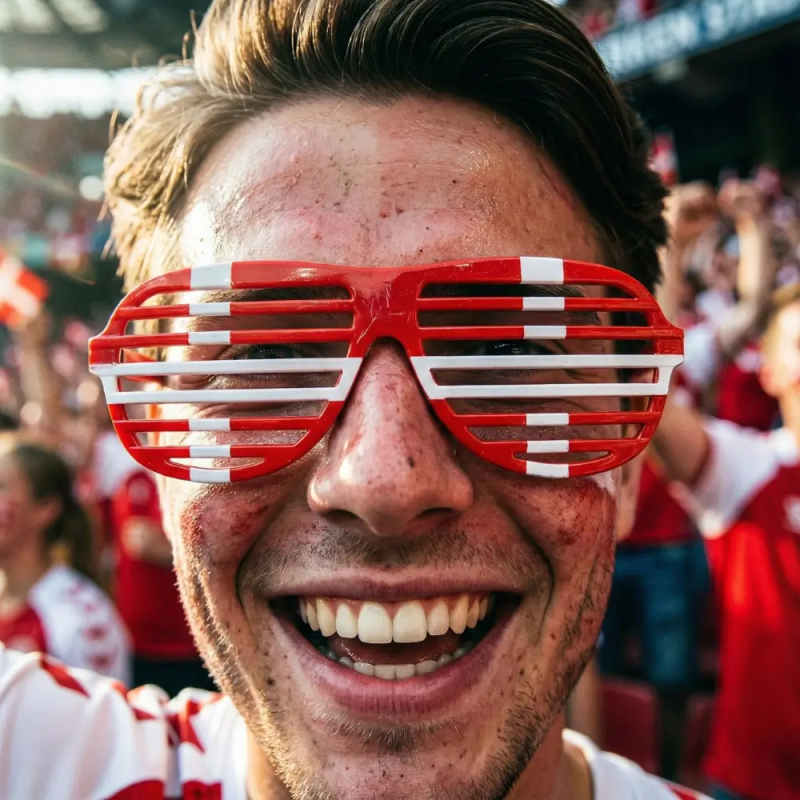 Danmark solbriller i rød og hvid – Dannebrog fansolbriller forfra