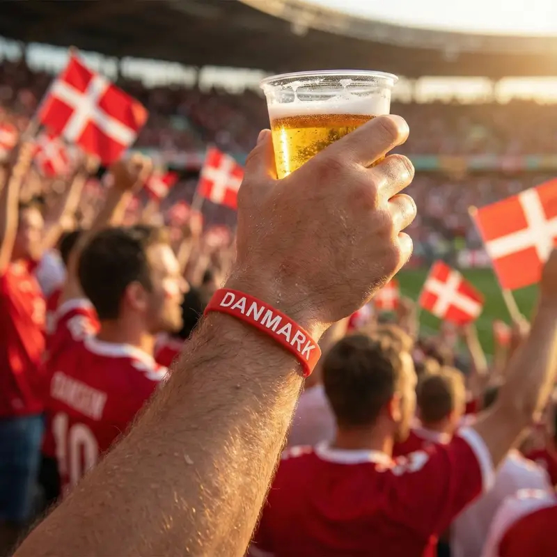 En fodboldfans arm, iført det røde 