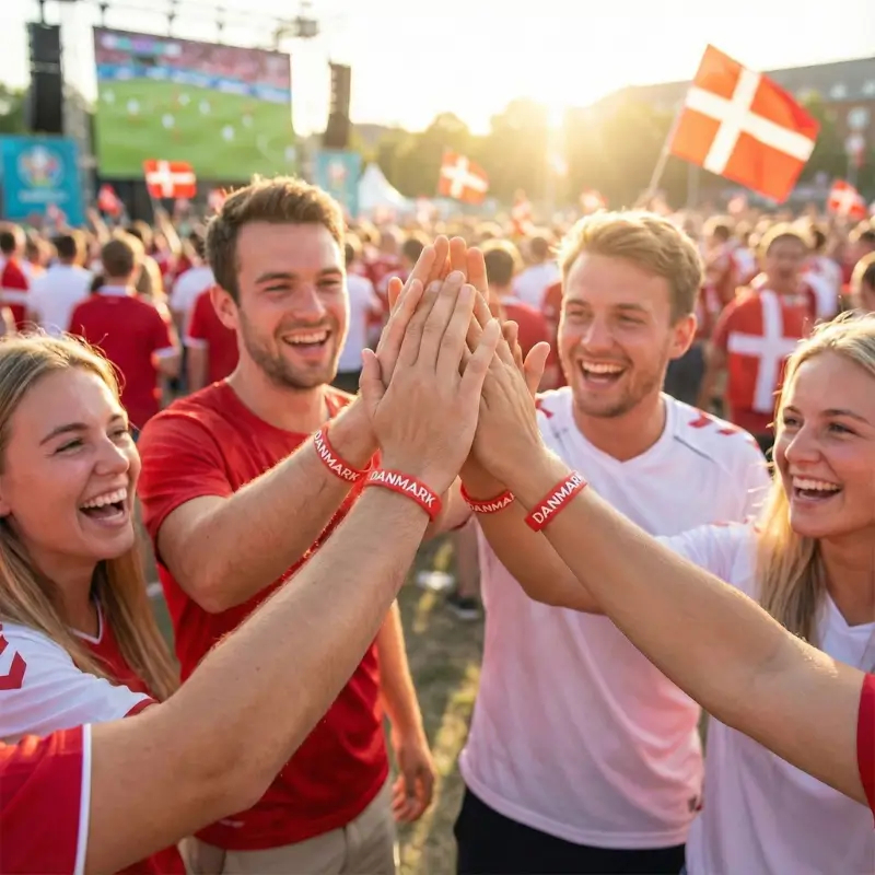Fire glade danske fans iført landsholdstrøjer laver en fælles high-five i en solrig udendørs fanzone med storskærm i baggrunden. De bærer alle det røde 