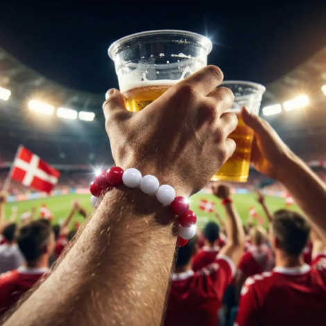 Danmark perlearmbånd nærbillede – røde og hvide perler med flag