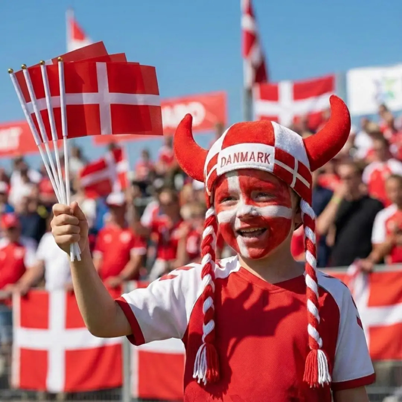 Roligan børnepakke indhold: vikingehjelm, ansigtsmaling og Dannebrogsflag