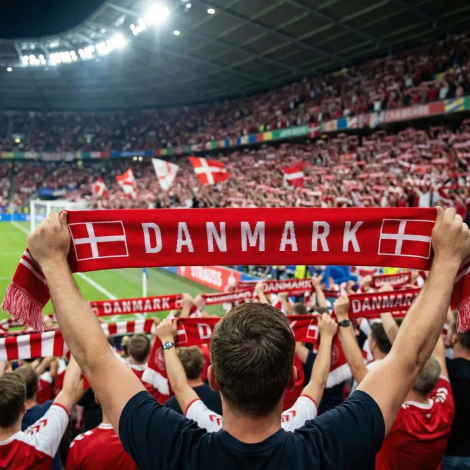 En mand iført en mørk T-shirt står med ryggen til kameraet i et fyldt fodboldstadion. Han holder det røde og hvide 