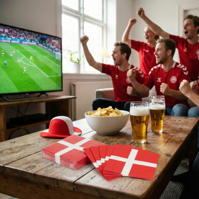 Dannebrogsservietter på sofabord foran glade venner, der ser fodbold i TV.
