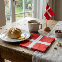 Nærbillede af en stabel foldede røde og hvide servietter med det danske flag, Dannebrog