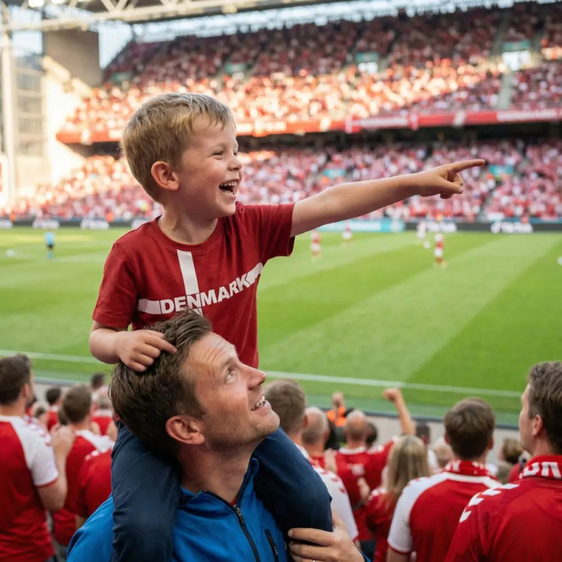 Glad dreng på ca. 5 år sidder på sin fars skuldre i et solrigt fodboldstadion, iført en rød børne t-shirt med hvidt kors og teksten DANMARK, mens han peger begejstret mod banen
