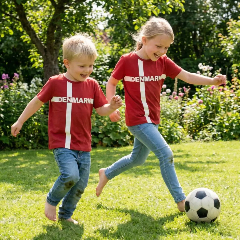 To børn spiller fodbold i en grøn have iført matchende røde Danmark-trøjer i økologisk bomuld