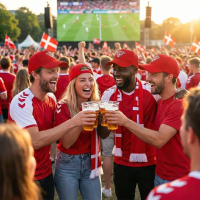 Fire jublende danske fodboldfans, tre mænd og en kvinde, skåler grinende med store plastikkrus øl i en solbeskinnet udendørs fanzone. De er alle iført røde Danmark-landsholdstrøjer med hvide vinkler på ærmerne og røde kasketter; to bærer også rød-hvide halstørklæder. I baggrunden ses en tæt menneskemængde med danske flag og en storskærm, der viser en igangværende landskamp