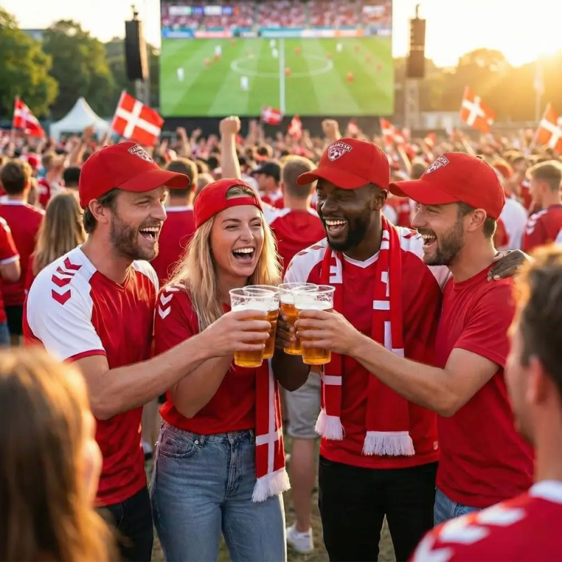 Fire jublende danske fodboldfans, tre mænd og en kvinde, skåler grinende med store plastikkrus øl i en solbeskinnet udendørs fanzone. De er alle iført røde Danmark-landsholdstrøjer med hvide vinkler på ærmerne og røde kasketter; to bærer også rød-hvide halstørklæder. I baggrunden ses en tæt menneskemængde med danske flag og en storskærm, der viser en igangværende landskamp