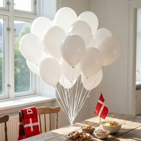 En buket svævende hvide balloner med bånd hænger over et bord dækket op til landskamp med snacks, et dansk halstørklæde og et bordflag.