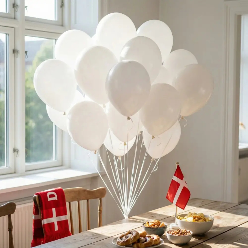En buket svævende hvide balloner med bånd hænger over et bord dækket op til landskamp med snacks, et dansk halstørklæde og et bordflag.