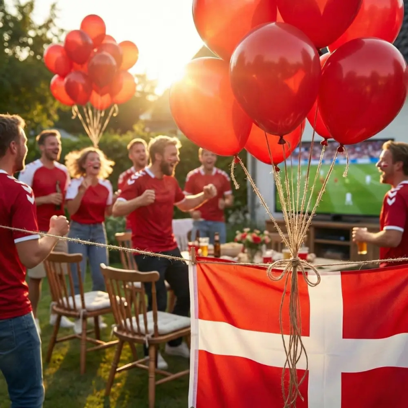 Udendørs billede fra en havefest i solnedgangslys. En stor klynge røde latexballoner er bundet sammen med snor i forgrunden, foran et stort dansk flag 