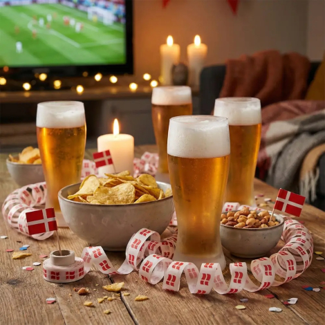 Dannebrog serpentiner på et festligt bord