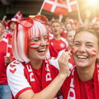 En kort pageparyk med pandehår i stribede røde og hvide farver til dansk landskamp