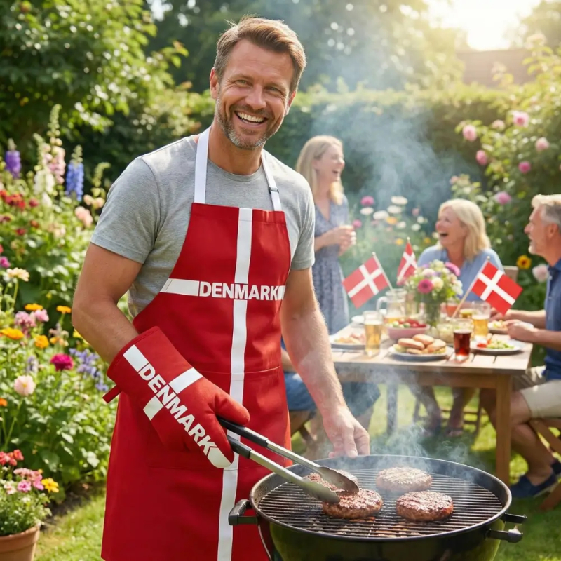 Glad mand der griller med Dannebrog forklæde og handske