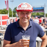 Dansk roligan med en øl i hånden og en Danmark sixpence på hovedet