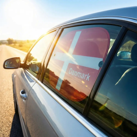 Udvendigt billede af en personbil på en solrig vej, hvor en Dannebrog solskærm er monteret i den bageste siderude for at skærme for solen.