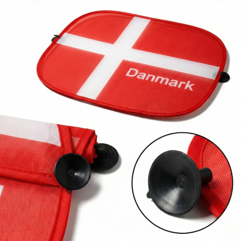 Produktbillede af solskærmen fladt og nærbillede af sugekop-montering.