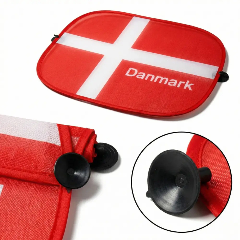 Produktbillede af solskærmen fladt og nærbillede af sugekop-montering.