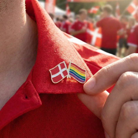 Stemningsbillede af Danmark/Pride flagpin på kraven af en rød fodboldtrøje i en solrig fan-zone, hvor en hånd justerer kraven.