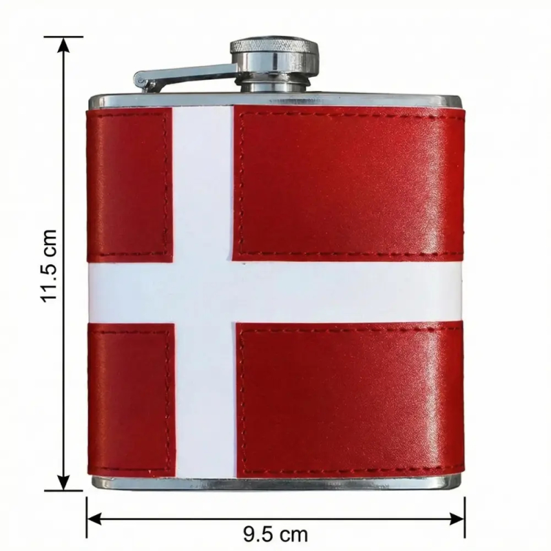 Lommelærke med Dannebrog design på hvid baggrund. Sorte pile og tekst angiver dimensionerne: Højden er markeret til 11,5 cm og bredden til 9,5 cm.