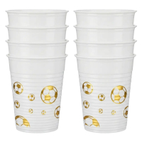 8 hvide engangskrus med guld-fodboldmotiv, pænt stablet i to rækker på en ren hvid baggrund. Billedet viser det totale antal krus inkluderet i pakken.