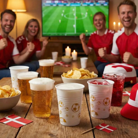 Hyggelig stemning til dansk landskamp med 'roligan'-tema. På et rustikt bord står hvide krus med guld-fodbolde fyldt med øl og sodavand, omgivet af chips, Dannebrogsflag og klaphatte, mens glade fans i rødt og hvidt jubler foran TV'et i baggrunden