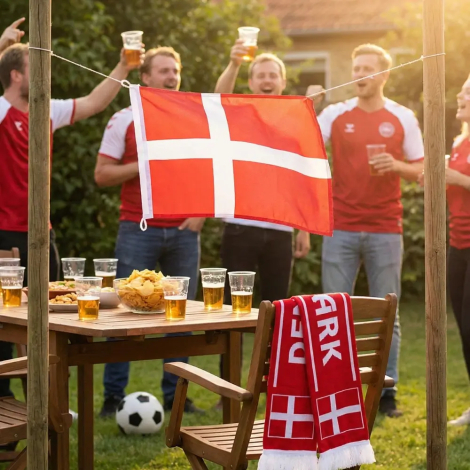 Et lille Dannebrog flag hænger på en snor mellem to pæle i en solrig have, med et bord fyldt med øl og snacks i forgrunden og glade fodboldfans i landsholdstrøjer i baggrunden.