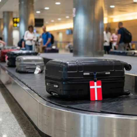 Sort kuffert på bagagebånd i en lufthavn med et tydeligt rødt Dannebrog kuffertmærke på håndtaget, der viser hvor let kufferten er at genkende.