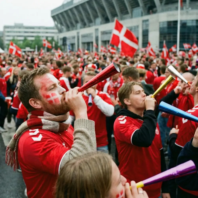 En stor forsamling af danske roligans foran Parken. I forgrunden står en mand i profil og puster i et langt rødt fest-horn, mens andre fans omkring ham puster i blå og gule horn. Stemningen er præget af fest og kaos før kampstart.