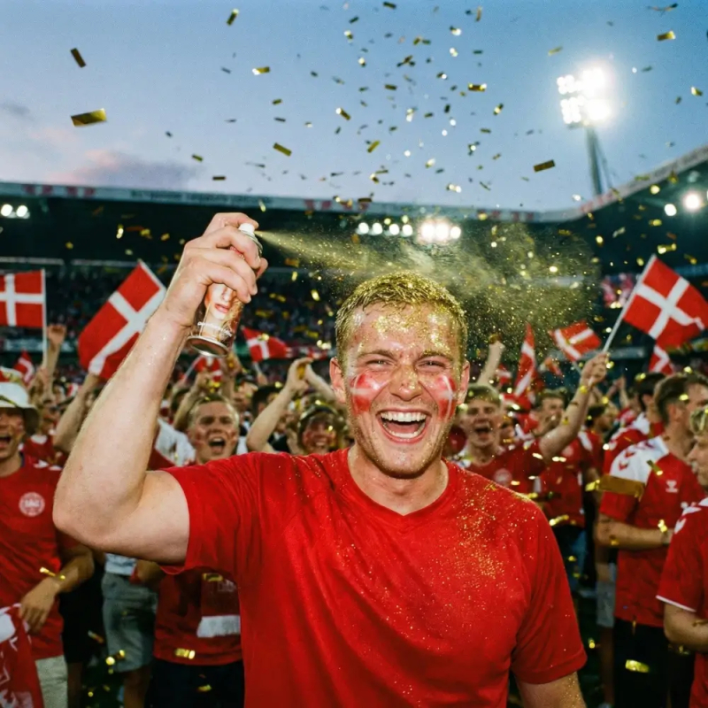 Jublende mandlig fodboldfan i en rød trøje, der fejrer en sejr. Han holder en spraydåse og sprøjter en sky af guldglimmer i sit hår