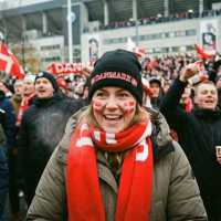 Dansk kvinde med sort Danmark hue og rødt halstørklæde