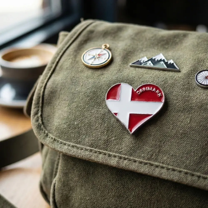 Hjerteformet Dannebrog pin på army grøn taske