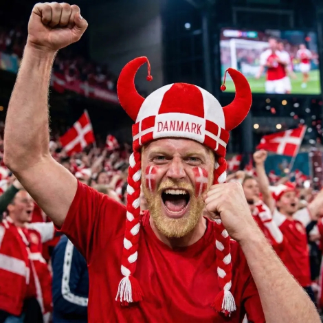 Viking hat med Danmark design og røde/hvide fletninger