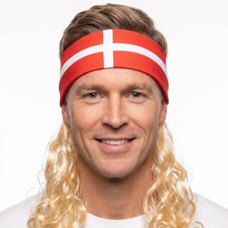 Roligan paryk med pandebånd i rød og hvid – dansk fanudstyr