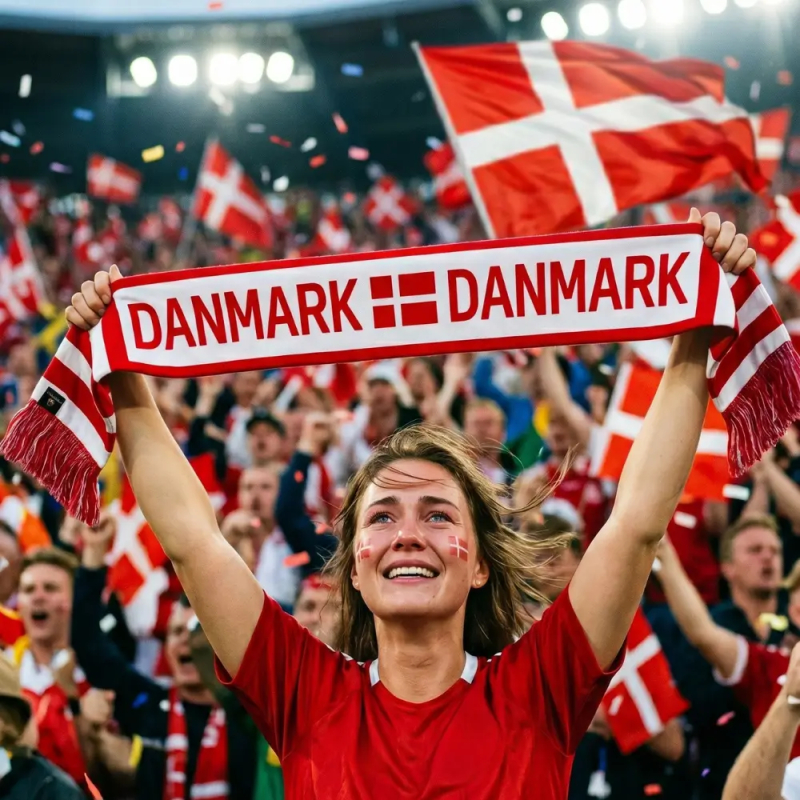 Hvidt Danmark fan halstørklæde – detalje af broderi og stof