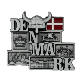 Sølvfarvet Danmark vikingehjelm magnet – dansk souvenir til køleskab
