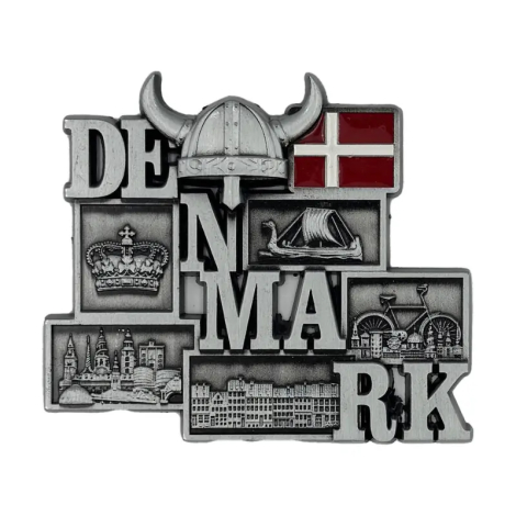 Sølvfarvet Danmark vikingehjelm magnet – dansk souvenir til køleskab
