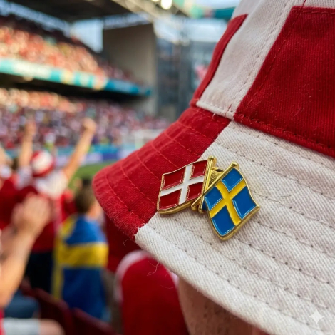 Closeup af Pin Danmark Sverige påsat en bøllehat