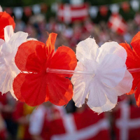 Closeup af rød og hvid hawaii roligan halskrans 