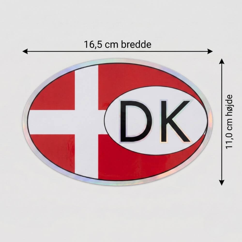 Stort DK klistermærke med målene 11 cm. x 16.5 cm. illusteret