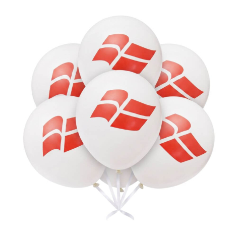 6 stk. Dannebrog balloner i hvid med rødt Dannebrogsflag
