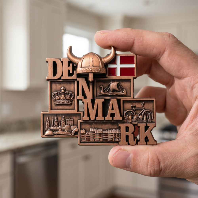 Person har danmark bronze magnet i hånden for at vise størrelsen på den
