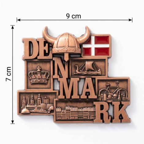 Bronze magnet med Denmark tekst i størrelsen 7 cm. x 9 cm.