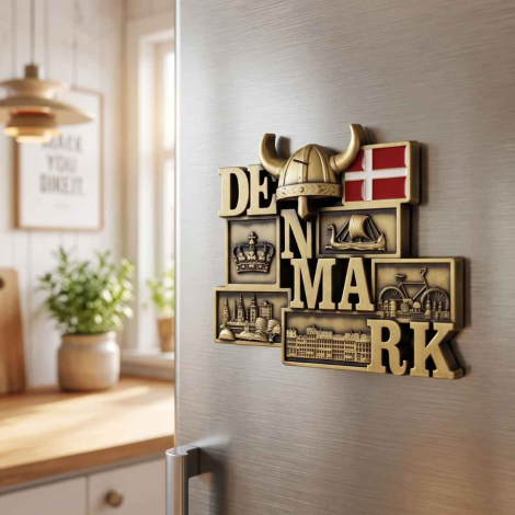 Guldfarvet Danmark-souvenirmagnet med vikingehjelm og Dannebrog siddende på et moderne køleskab i børstet stål. I baggrunden ses et lyst og hyggeligt køkken i naturligt dagslys med let sløret baggrund.